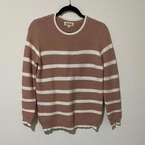 Long Sleeve Striped Crew Neck Knit Sweater Pink and White Small Cozy Comfy